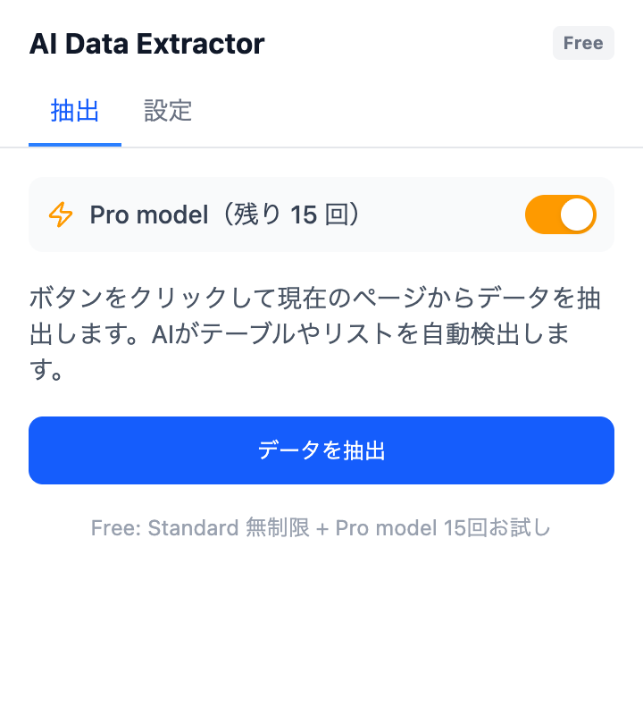 AI Data Extractorポップアップ — StandardとProモデルの選択肢付きデータ抽出ボタン