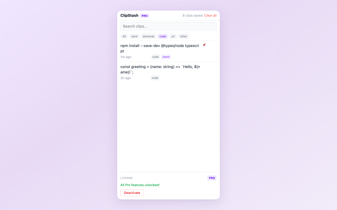 ClipStash categories view showing clips organized by Work, Personal, Code, and URL
