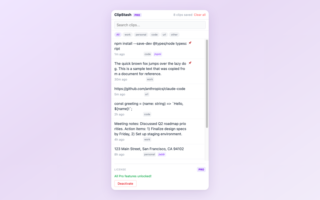 ClipStash Side Panel showing clipboard history with timestamps and one-click re-copy