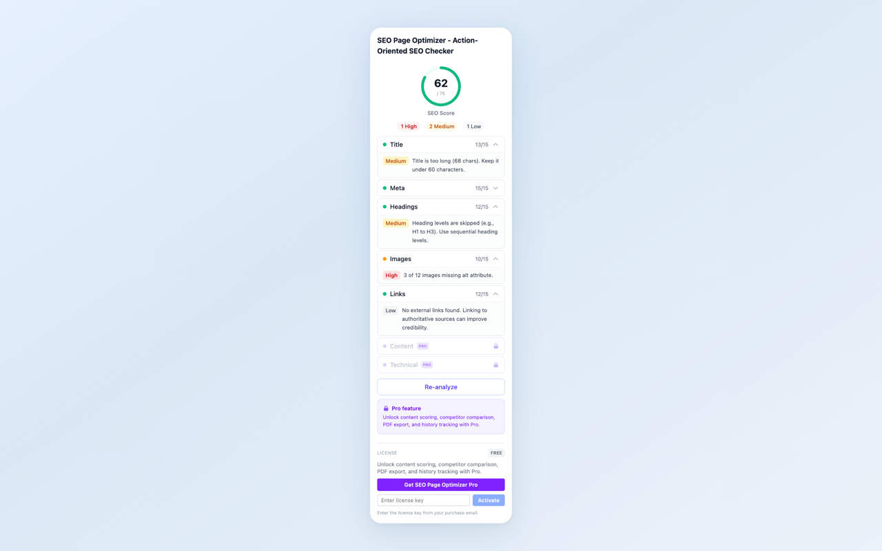 SEO Page Optimizer showing an SEO score and prioritized list of issues with severity indicators