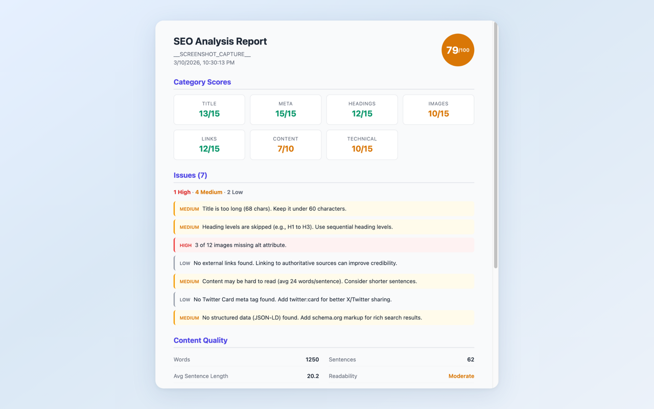 SEO Page Optimizer detailed report view with category breakdowns for title, meta, headings, images, and links