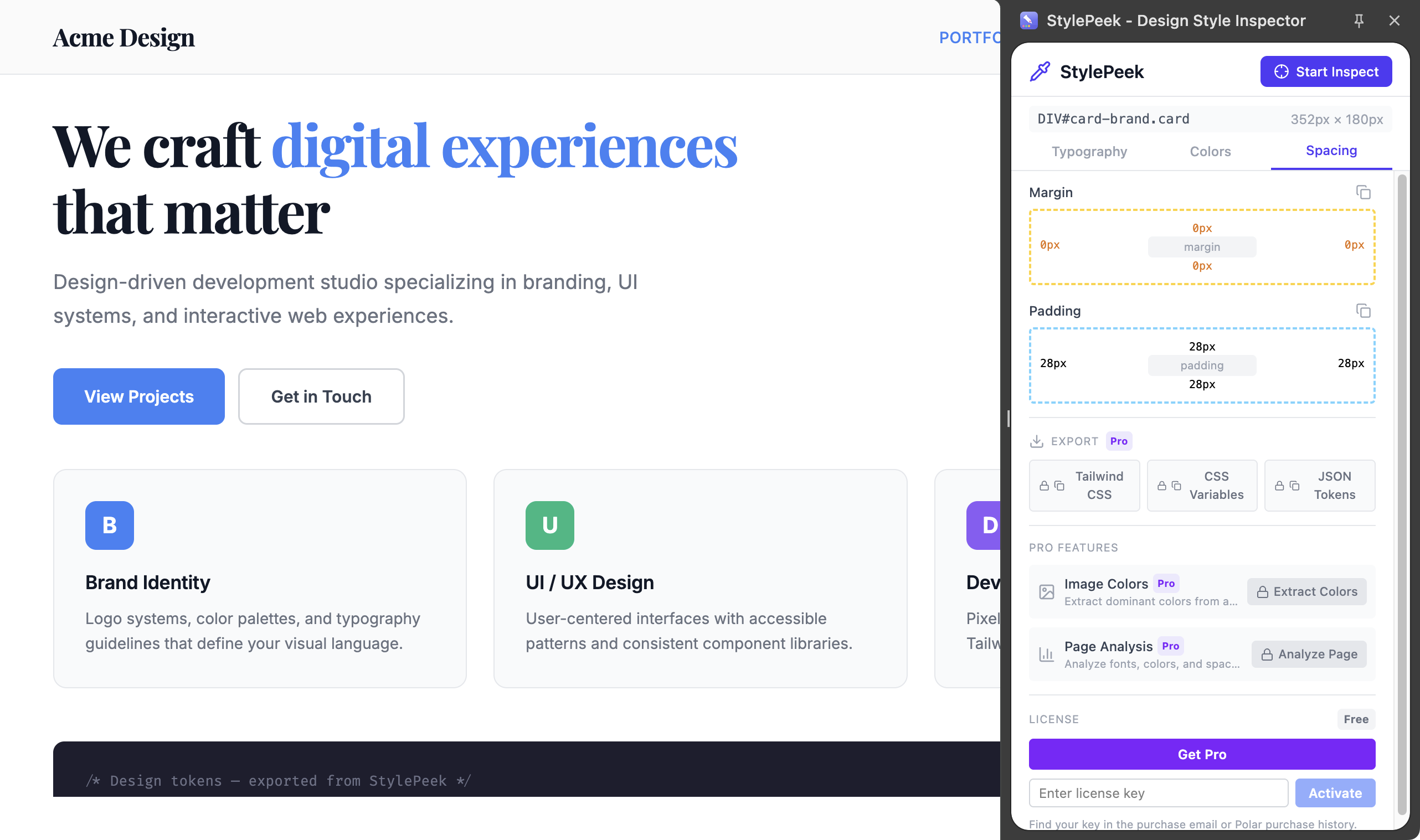 StylePeek side panel showing spacing inspection with visual box model for margin and padding
