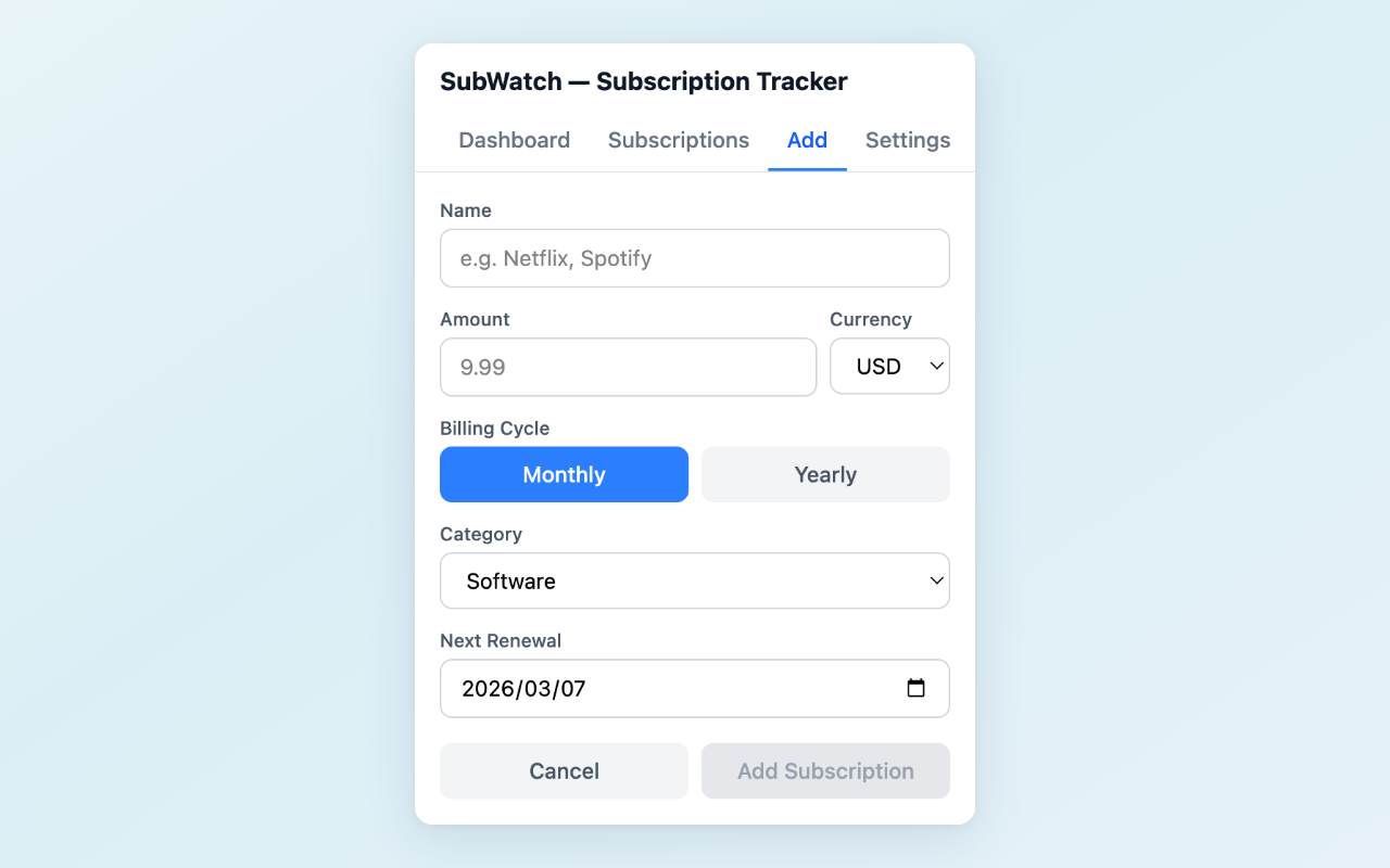 SubWatch add subscription form with fields for name, amount, currency, billing cycle, category, and next renewal date
