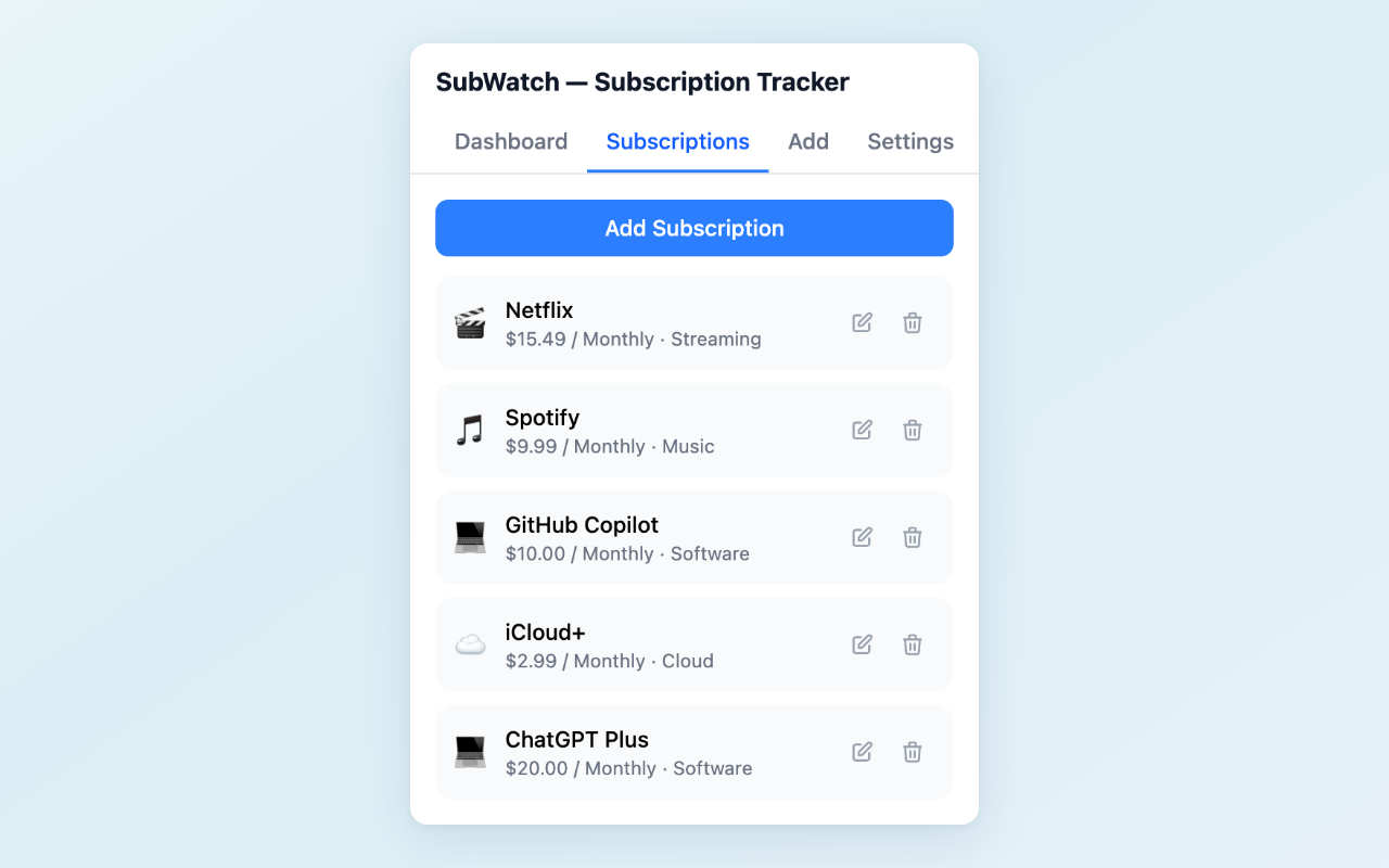 SubWatch subscription list showing all tracked subscriptions with details
