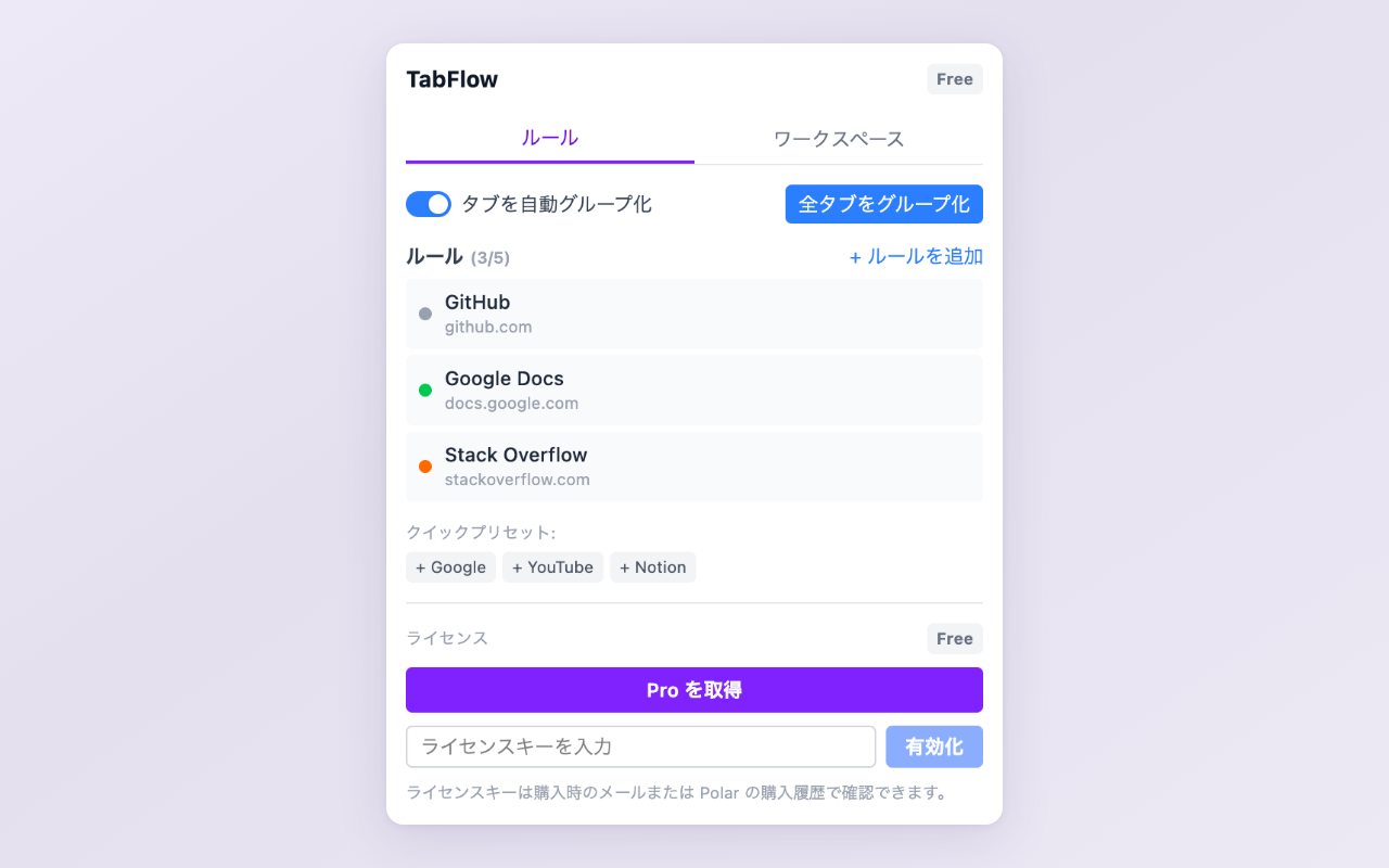 TabFlow ポップアップのルールタブ。GitHub や Google Docs などのドメインルールが表示されている