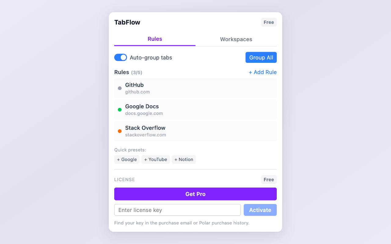 TabFlow popup showing the Rules tab with domain rules for GitHub, Google Docs, and other sites