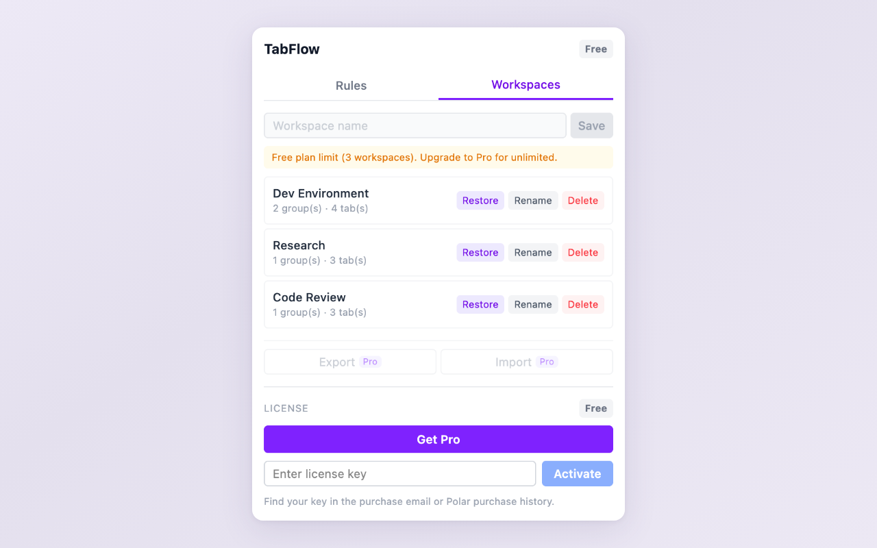 TabFlow popup showing the Workspaces tab with saved workspace layouts